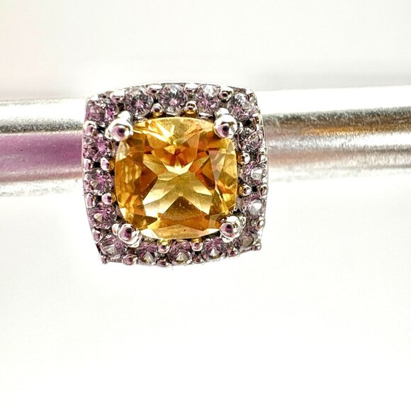 VTG Sterling Silver 925 Lemon Yellow Quartz CZ Halo Stud Earrings Size 8x8 mm - Picture 2 of 13